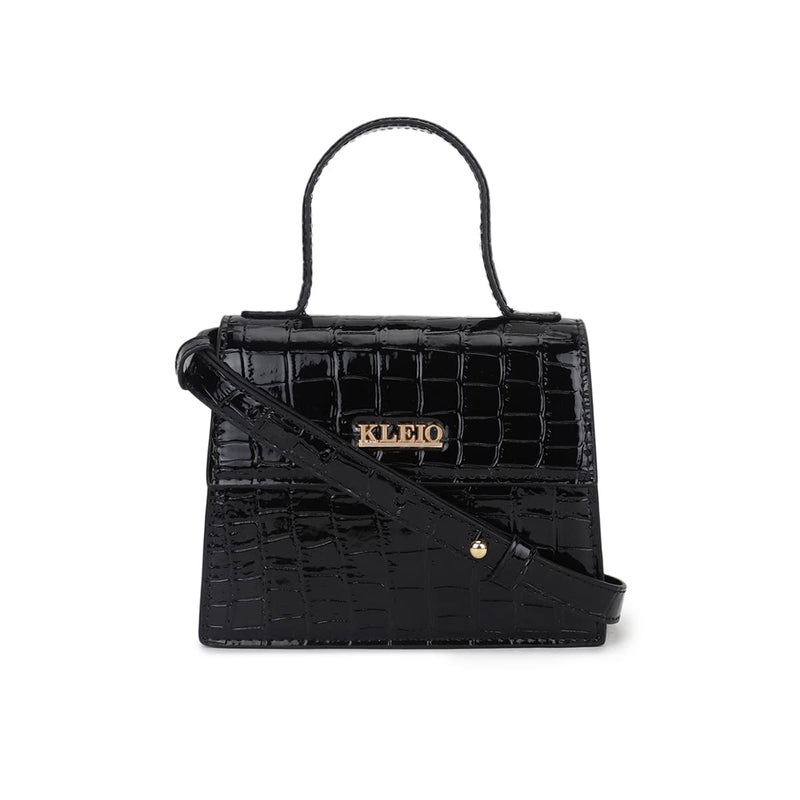 KLEIO PU Leather Top Handle Mini Handbag with Detachable Sling - Black - Image 4